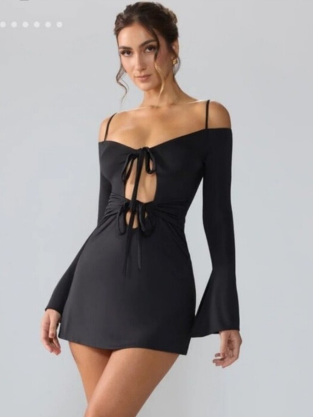 Oh Polly Sidney Long Sleeve Mini Dress Black Off Shoulder Tie Front Contour